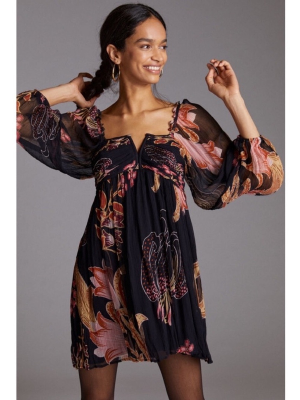 Anthropologie Let Me Be Babydoll Mini Dress Sheer Sleeves Tie Back Dark Floral L